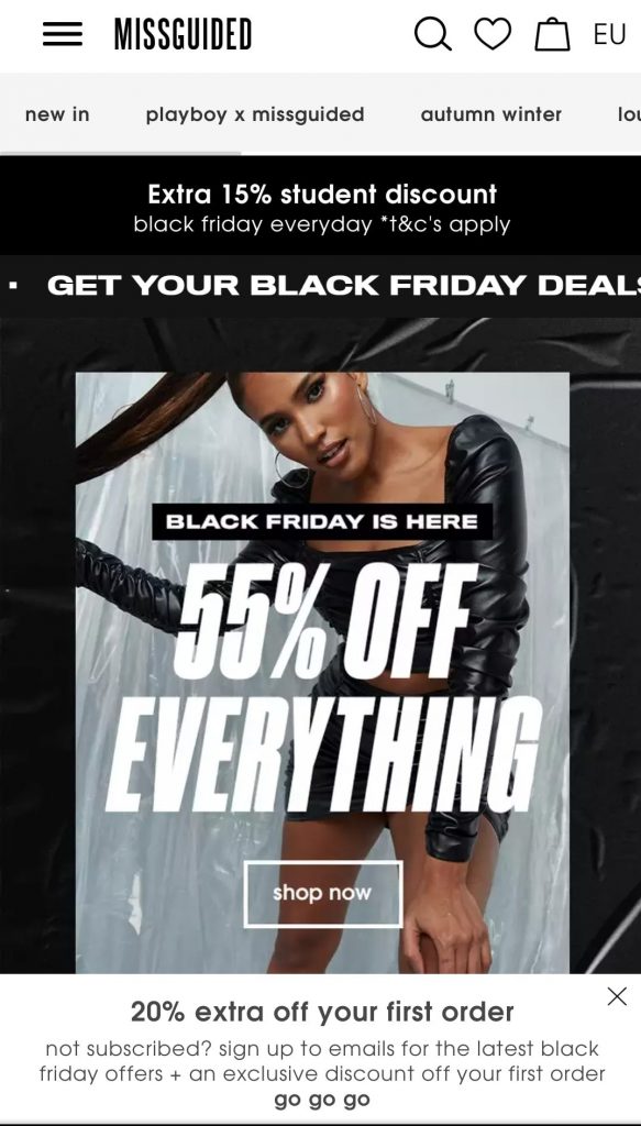 Black Friday Example - Missguided offers student discounts